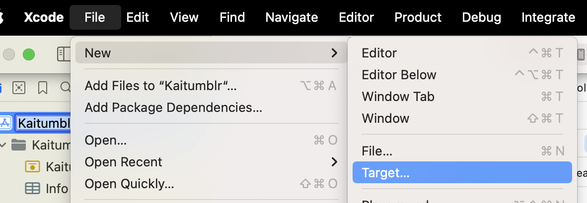 A screenshot of the XCode menu selecting "File", then "New," then "Target..."