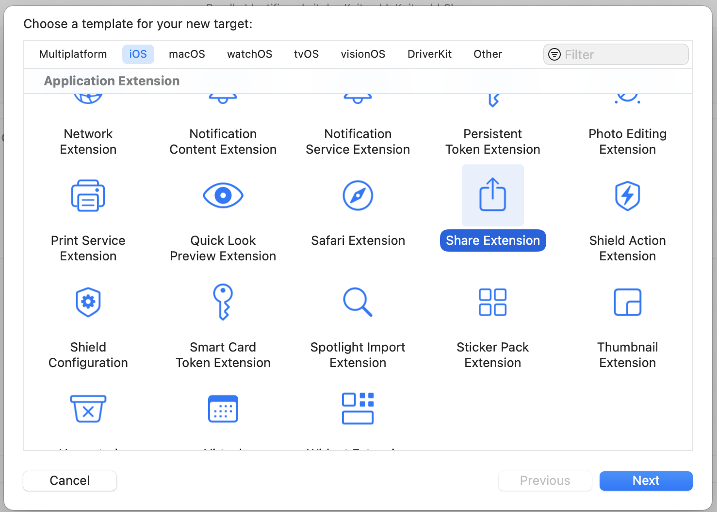 The Xcode new target modal popover, with "Share Extension" selected