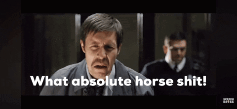 A scene from Hot Fuzz, where Detective Andy leans down and says "What absolute horse shit!"