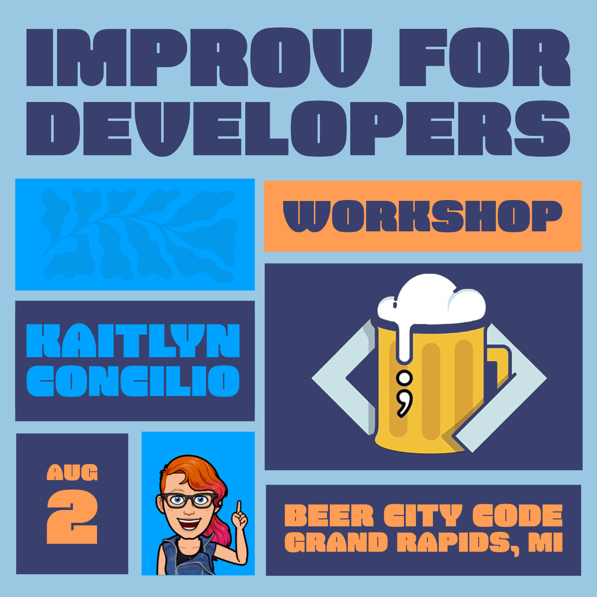 An image promoting my improv for developers workshop at Beer City Code